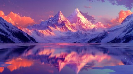 Obraz premium Snowy Mountain Range Reflected in Calm Lake Water at Sunset