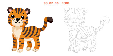 Coloring book of cute African wild tiger in scandinavian style isolated on white background. Coloring page of pretty animal. Vector cartoon illustration.
