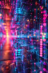 Fototapeta premium Futuristic Digital Data Stream with Vibrant Neon Lights and Abstract Geometric Patterns
