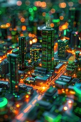 Obraz premium Futuristic Cityscape with Neon Lights and Skyscrapers at Night in a Miniature Model