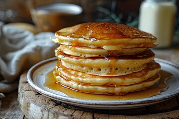 Fluffy Pancakes Drizzled with Maple Syrup on a Rustic Plate