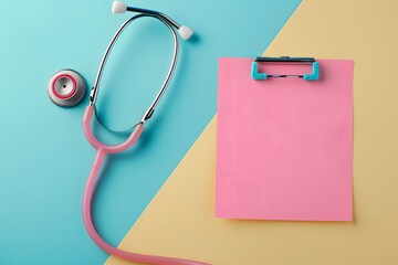 Medical Tools and Blank Clipboard on Colorful Background