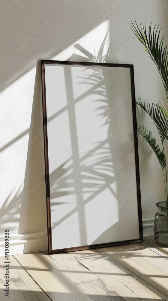 Poster a large mirror is sitting in front of a window, with a plant behind it