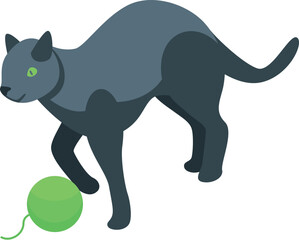 Playful black cat is approaching a green yarn ball, ready to have some fun