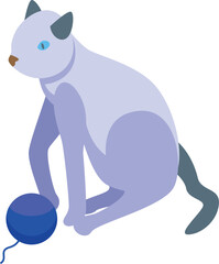 Adorable isometric cat sitting and playing with a blue ball of yarn