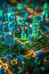 Obraz premium Futuristic Cityscape at Night with Illuminated Skyscrapers and Vibrant Lights in a Modern Urban Setting