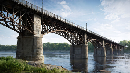 Fototapeta premium A huge river-spanning rail bridge with stone piers and iron girders