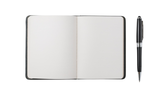 A blank notebook with an open page and a pen, ideal for writing, drawing, or brainstorming creative ideas.