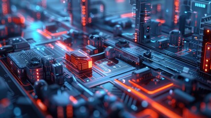 Futuristic Circuit Board Cityscape with Neon Lights and High-Tech Buildings in a Sci-Fi Setting