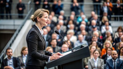 Female Politician Giving Speech on Stage - A woman delivering an important speech on a stage to a large audience.
