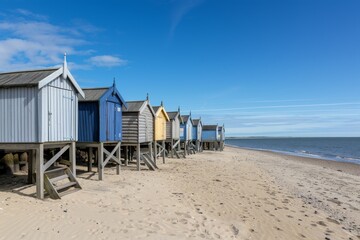 Obraz premium Cabines de bain multicolores alignées sur la plage déserte de Berck-plage au petit matin. Beautiful simple AI generated image in 4K, unique.