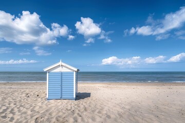 Cabines de bain multicolores alignées sur la plage déserte de Berck-plage au petit matin. Beautiful simple AI generated image in 4K, unique.