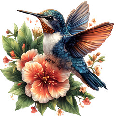 Obraz premium an illustration of Hummingbird flying over flowers illustration with tropical bird and floral arrangement