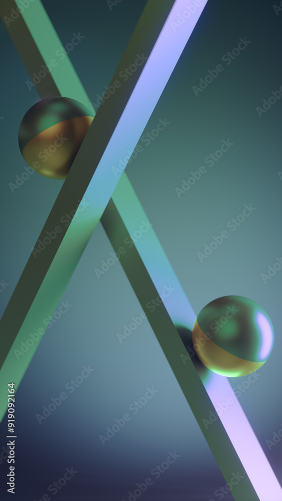 Poster Abstract illustration with rolling metallic spheres on inclined diagonal planes with neon metallic glow. 3d rendering