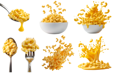 Classic american cheesy Macaroni mac and cheese, many angles view side top bowl spoon fork dropping splash flying isolated on transparent cutout, PNG file. Mockup template for artwork graphic design
