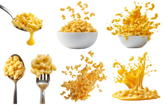 Classic american cheesy Macaroni mac and cheese, many angles view side top bowl spoon fork dropping splash flying isolated on transparent cutout, PNG file. Mockup template for artwork graphic design
