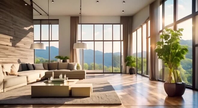 Modern living room with windows and nature views Seamless looping time lapse virtual video animation background 4k animation