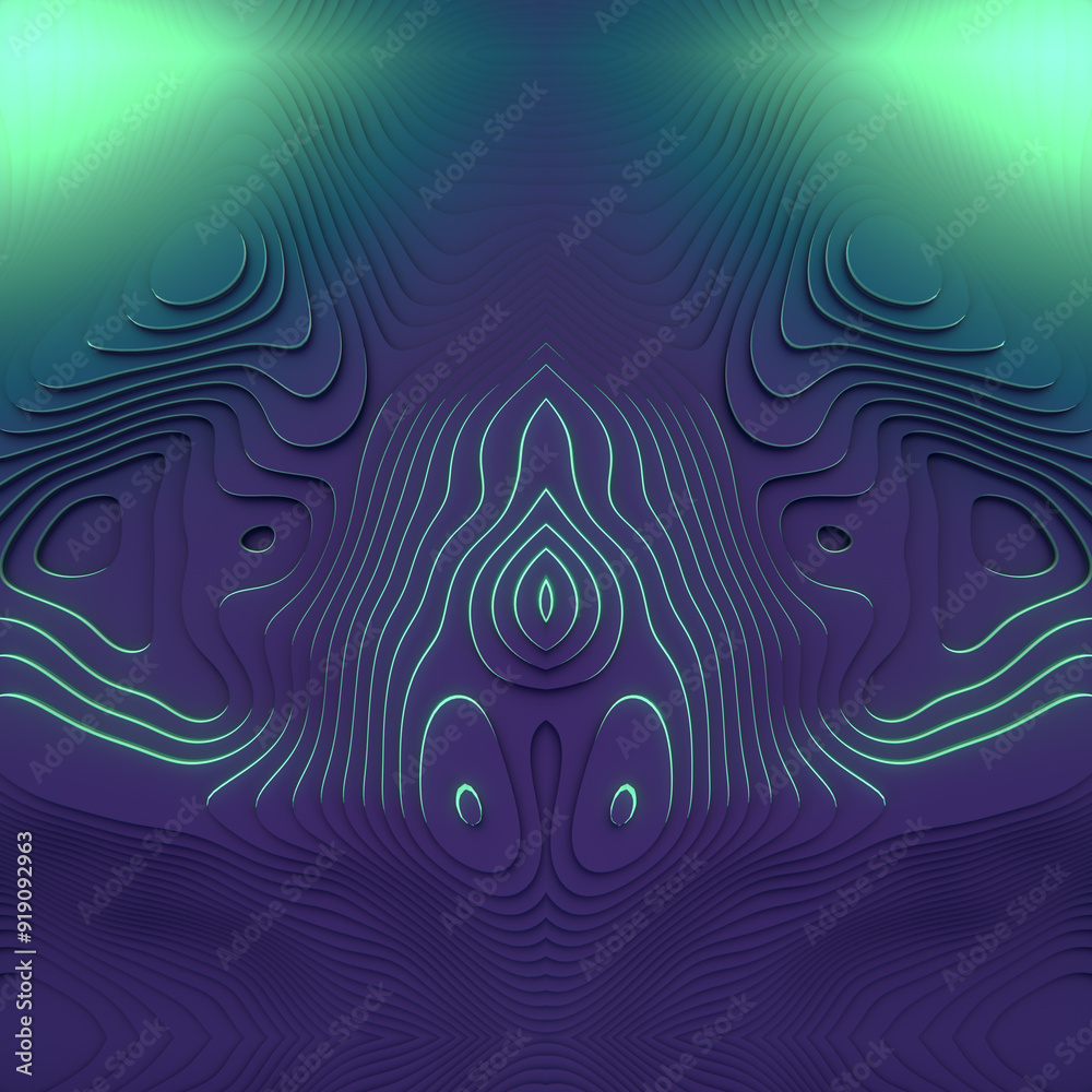 Poster Symmetrical pattern topographical intricate neon colored layered pattern. 3d rendering illustration