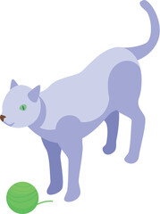 Purple cat is getting ready to play with a green yarn ball