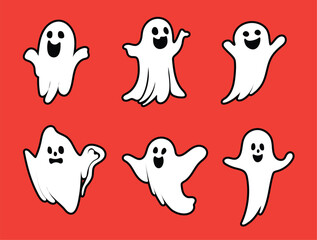 Cute cartoon ghosts element set with funny expression and pose for halloween designs