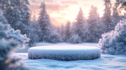 Snowy Platform in a Winter Forest at Sunset