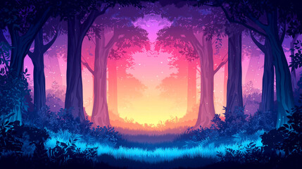 Fototapeta premium A serene forest scene at dusk, featuring vibrant colors of purple, pink, and blue, creating a mystical ambiance.