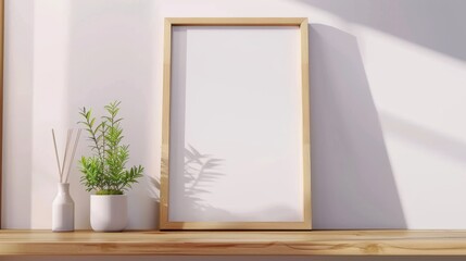 Minimalist blank white photo frame with a light wooden border, set on a wooden shelf. Decorated with a potted plant and a reed diffuser, creating a serene and modern composition with soft shadows