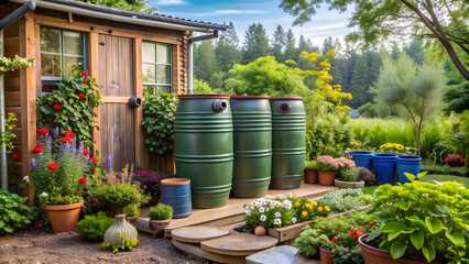 Obraz premium A garden scene with a rainwater collection system, including barrels and an irrigation setup. The photo focuses on water conservation practices and the efficient use of natural resources for garden.