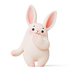 Simple fat cute kawaii fluffy cartoon easter bunny with eyebrows, pink ears, cheeks, soft paws stands in shy pose touching chin with hand, happy facial expression. 3d render isolated white backdrop.