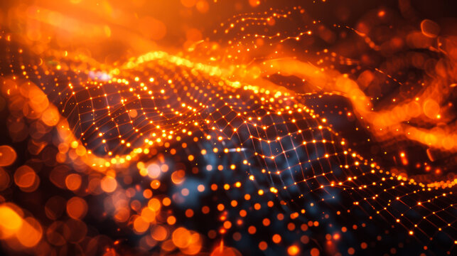 Bright orange wave with many dots. The dots are scattered throughout wave, giving it a very busy and chaotic look. The orange color of the wave creates a warm and energetic mood. Abstract background.