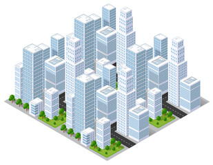 Modern isometric city center with skyscrapers, roads and trees