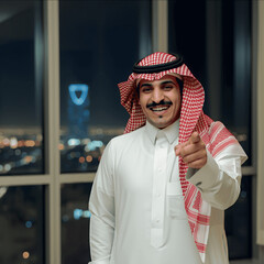 saudi man in an home smiling with a backview of riyadah city