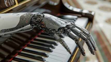 Fototapeta premium Futuristic AI Musician A High-Tech Robot Playing Piano Showcasing Advanced Artificial Intelligence and Precision in Musical Performance. Innovation, Technology, and the Future of Music.