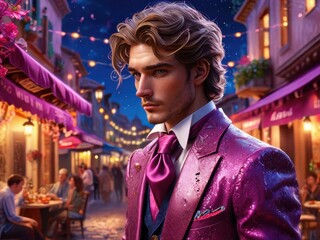 Obraz premium A man smiling and having fun at a bar in a lively city street at night