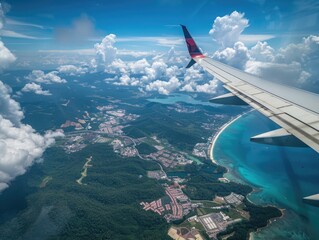 Obraz premium Breathtaking aerial view from airplane window over lush tropical island, featuring verdant forest and sparkling ocean shore.