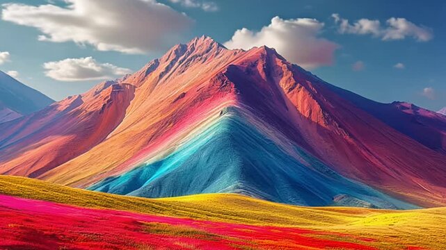 A mountain range with a colorful, rainbow-like slope. The colors are vibrant and the scene is peaceful and serene