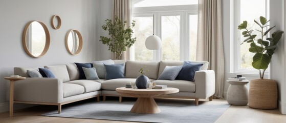 Fototapeta premium Bright and modern living room featuring a comfortable sectional sofa, minimalist decor, indoor plants, and natural light through large windows.