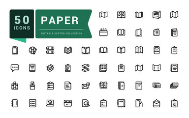 Paper line icons set. Related to flyer leaflet, catalogue, booklet, magazine, letterhead. Pixel perfect, minimalistic web and UI icon. Outline icon collections.
