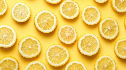 Obraz premium Bright lemon slices scattered on a pastel yellow background, full of citrusy zest.