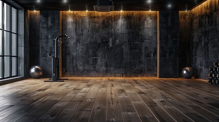 An empty modern fitness studio with wood floors, large windows, and a variety of exercise equipment