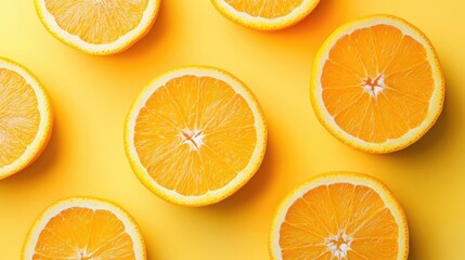 Fototapeta premium Bright orange slices arranged on a pastel yellow background, radiating sunshine.