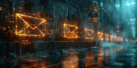 Cyberpunk Cityscape with Glowing Mail Icons