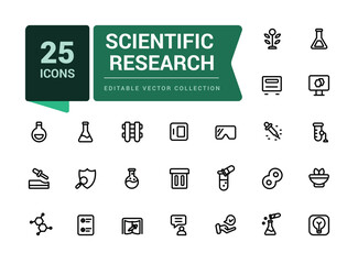 Scientific research icon set. Pixel perfect, minimalistic web and UI icon. Outline icon collections. Editable vector illustration.