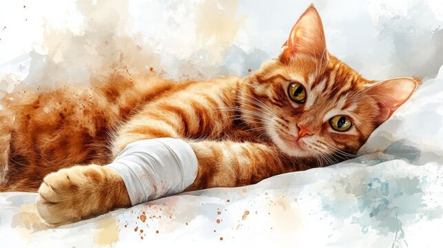 A watercolor painting of a ginger cat with an injured paw lying peacefully on a white blanket.