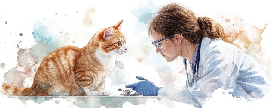 Veterinarian in a white coat and blue gloves interacting closely with a ginger cat on a white background, emphasizing care and empathy.