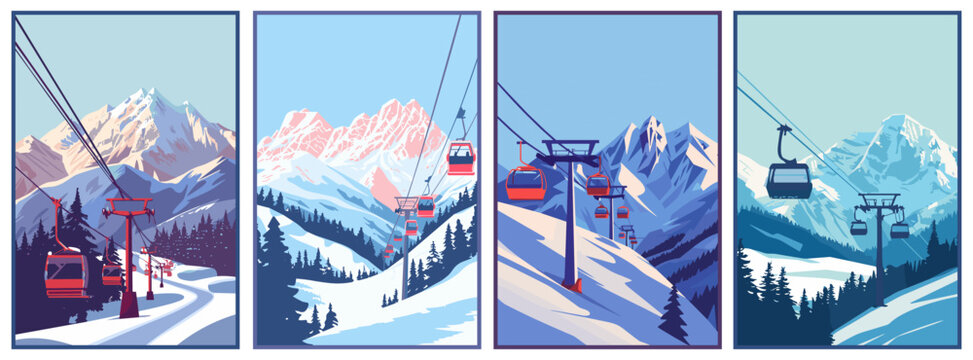 Ski resort landscape posters set. Snowy peaks of mountains. Ski elevators. Winter sport travel adventure and holidays concept. Flat cartoon minimalism vector illustration