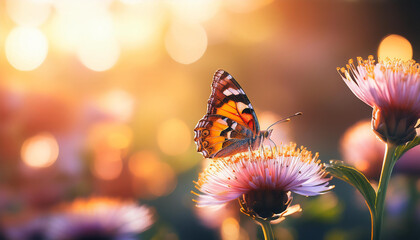 jardin flou et papillon posé sur une fleur, arrière-plan orange d’été ensoleillé