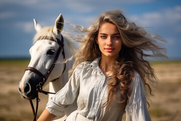 Obraz premium beautiful woman with long hair and horse, on a field.