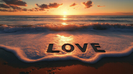The word "LOVE" written in the sand on an empty beach at sunset