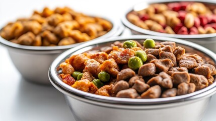 Fototapeta premium Close-up of balanced wet and dry pet food options on a white background, illustrating their nutrient-rich benefits for pet health.
